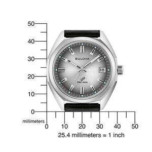 Bulova-Uhr mit silbernem Zifferblatt, schwarzem Armband und Datumsanzeige.