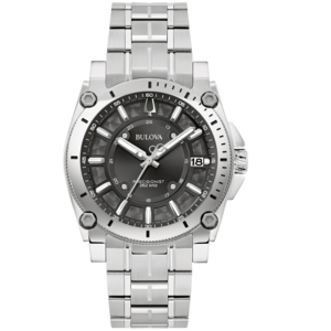 Bulova Precisionist Uhr, silbernes Armband, schwarzes Zifferblatt, Datumsanzeige, 262 kHz