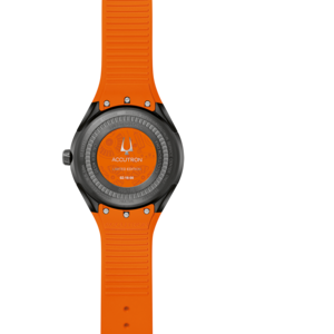 Orange Accutron Uhr mit schwarzem Gehäuse und orangefarbenem Armband, Limited Edition.
