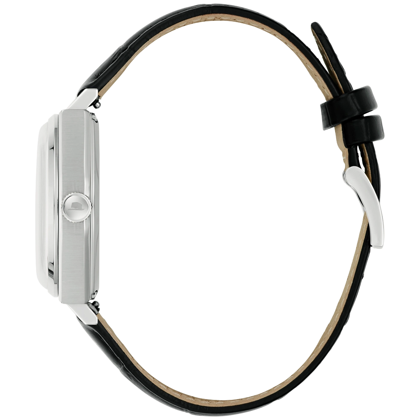 Seitenansicht einer silbernen rechteckigen Uhr mit schwarzem Lederarmband.