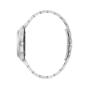 Silberne Uhr mit Armband, Seitenansicht, elegantes Design, Detailaufnahme, Schmuck