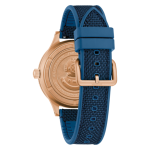 Bulova-Uhr, blaues Armband, goldfarbenes Gehäuse, 150-jähriges Jubiläum, Wasserdichtigkeit 200m.