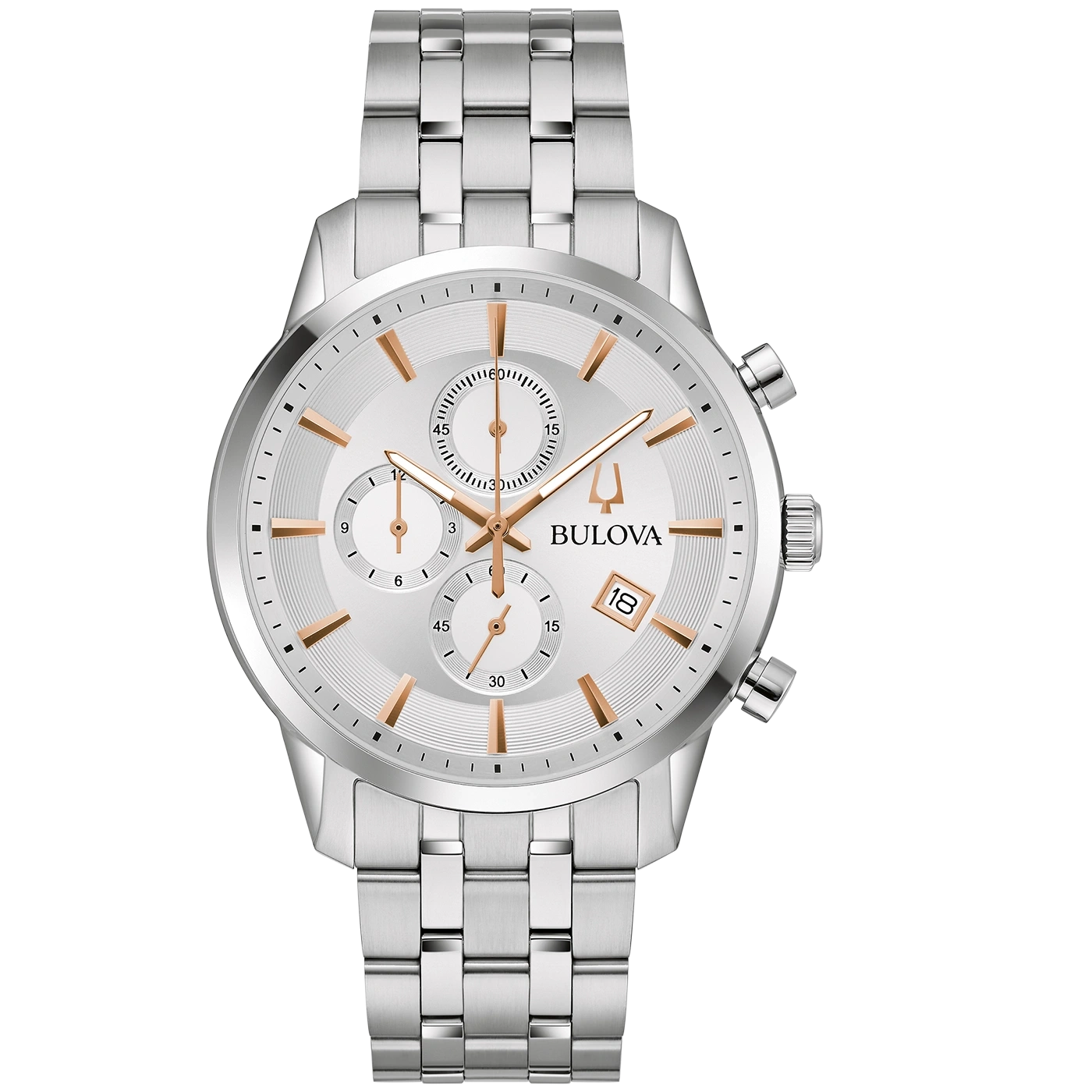 Silberne Bulova-Uhr mit roségoldenen Akzenten und Datumsanzeige auf hellem Zifferblatt.