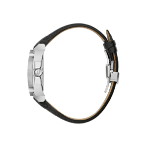 Uhr mit schwarzem Lederarmband, silbernem Gehäuse, Detailaufnahme, Seitenansicht, elegant