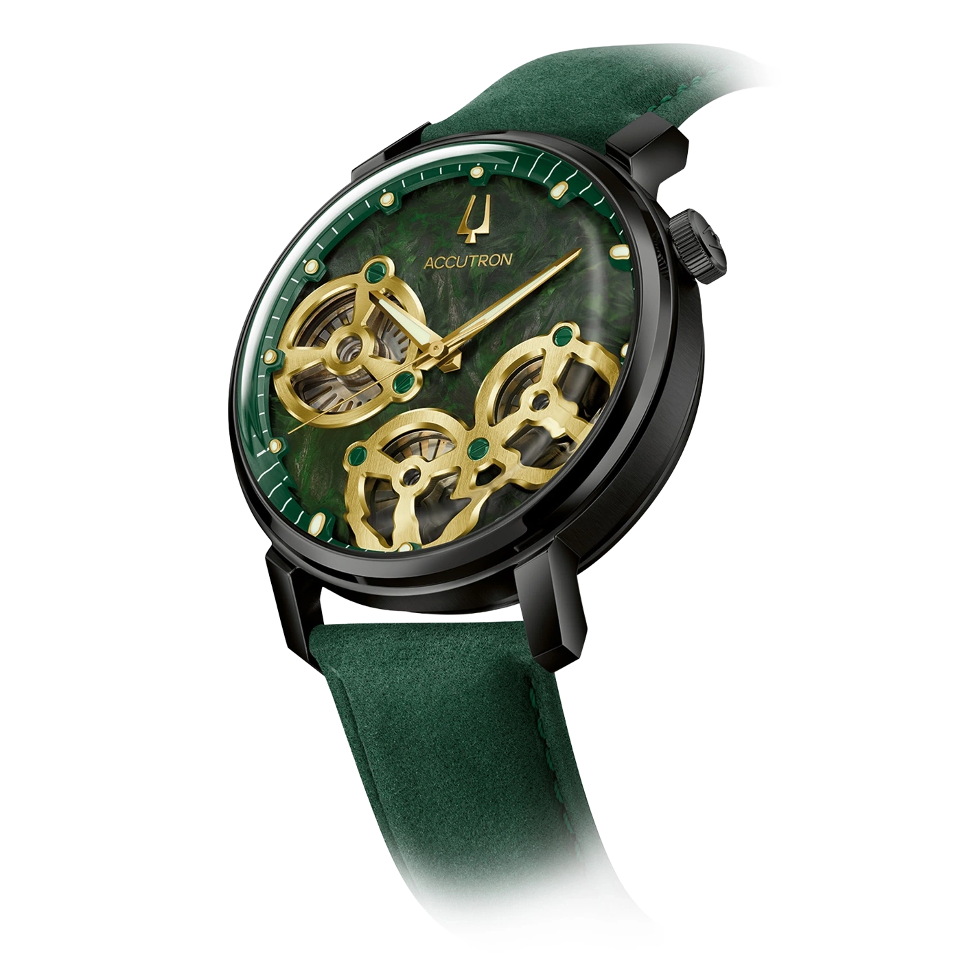 Grüne Accutron-Uhr mit goldenen Zahnrädern und schwarzem Gehäuse.