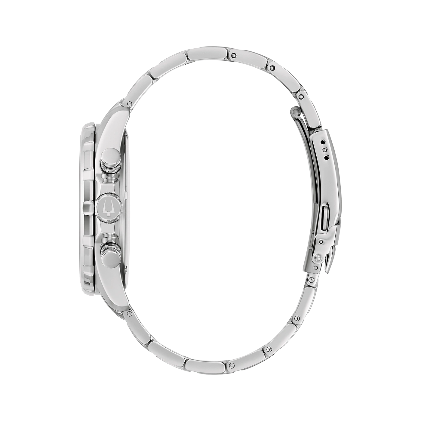 Silberne Uhr mit Armband, Seitenansicht, Detailaufnahme, elegantes Design, Accessoire