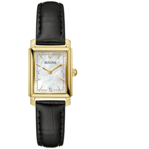 Goldene Bulova-Uhr mit schwarzem Lederarmband und Perlmutt-Zifferblatt.