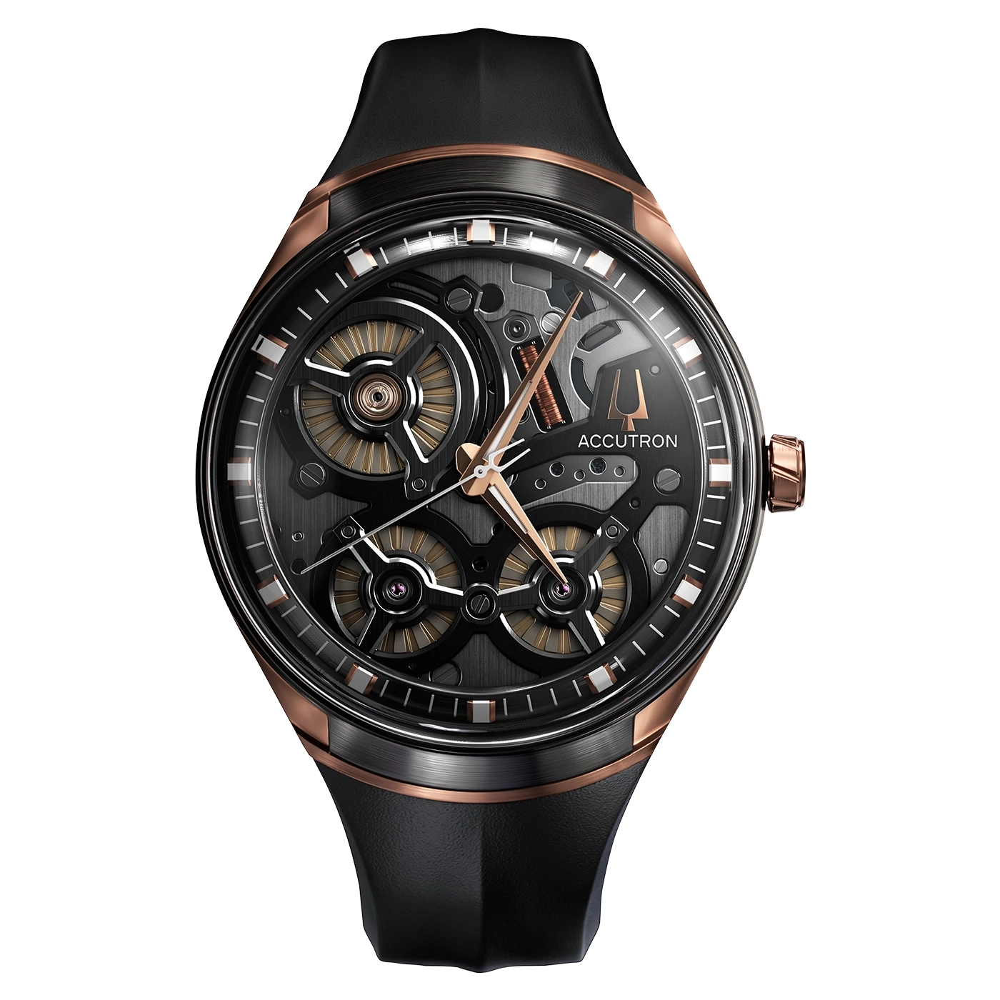 Accutron Uhr, schwarz, goldfarben, skelettiert, elegantes Design, Luxus