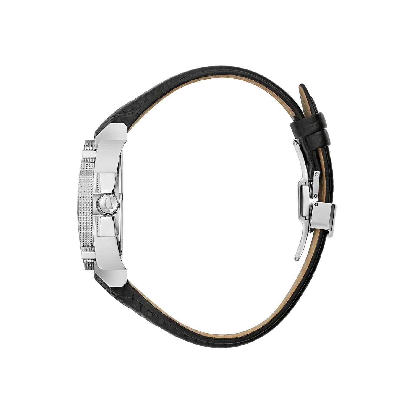 Uhr mit schwarzem Lederarmband, silbernem Gehäuse, Detailaufnahme, Seitenansicht, elegant