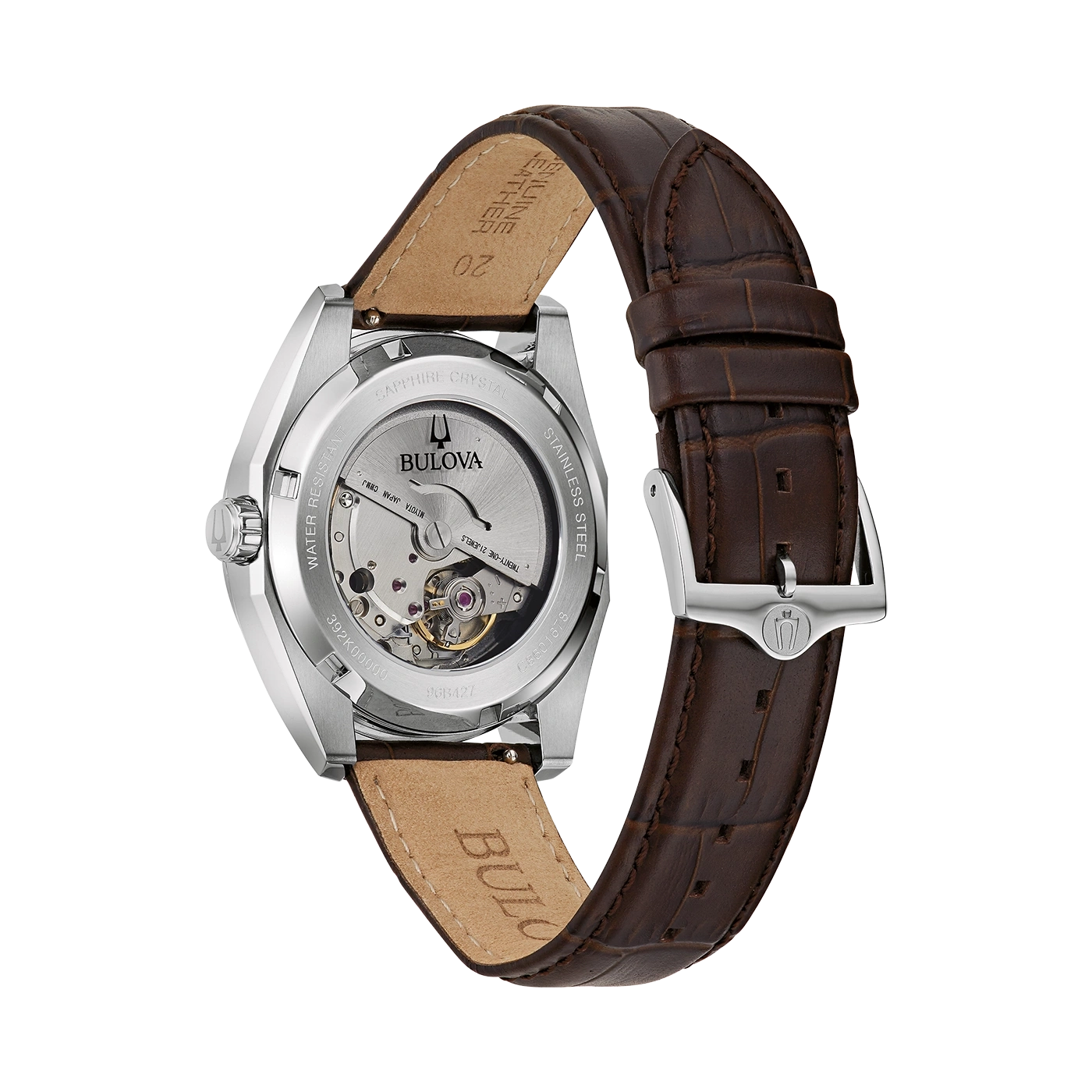 Bulova-Uhr mit braunem Lederarmband und Saphirglas, Edelstahl