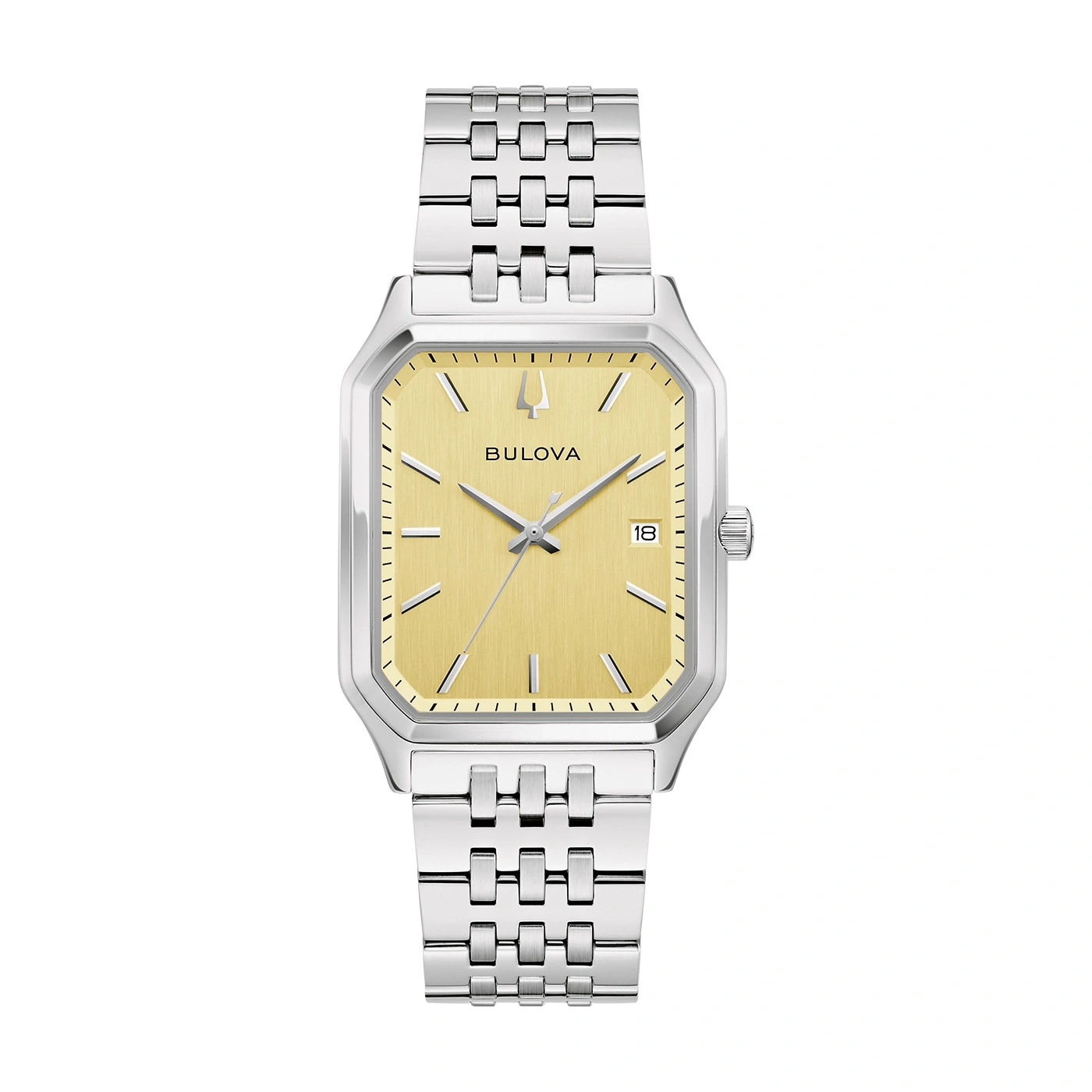 Bulova-Uhr mit goldenem Zifferblatt und silbernem Armband, quadratisch