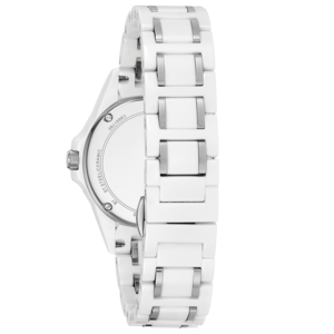 Weiße Keramik-Armbanduhr mit silbernen Akzenten und Details