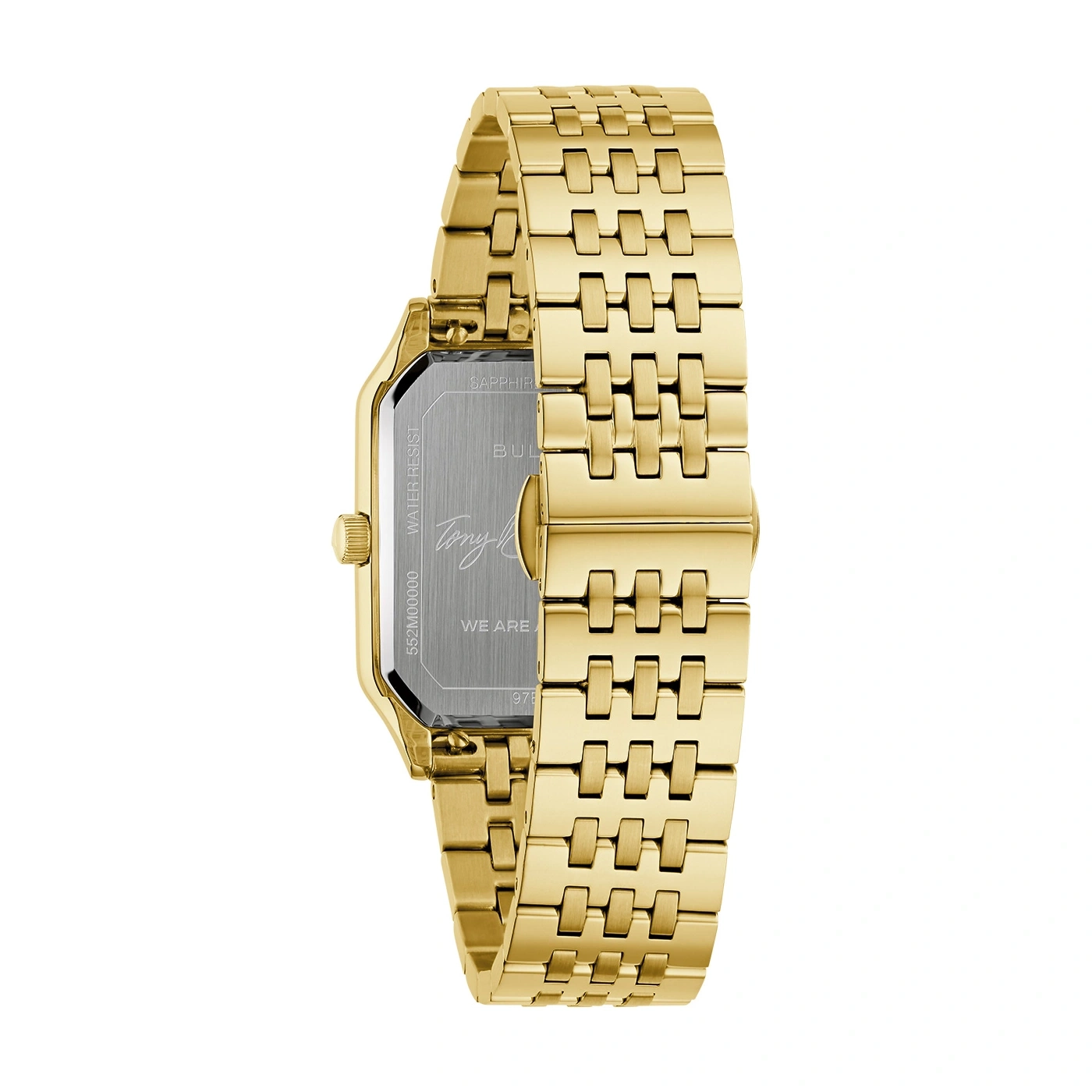 Goldene Uhr mit rechteckigem Zifferblatt und Armband, Nahaufnahme