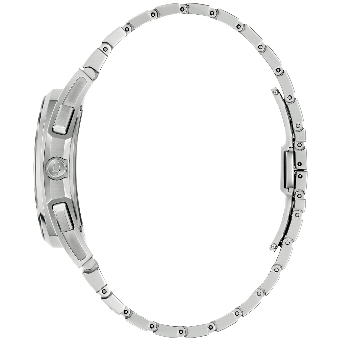 Eine silberne Armbanduhr mit einem Metallarmband, von der Seite gesehen.