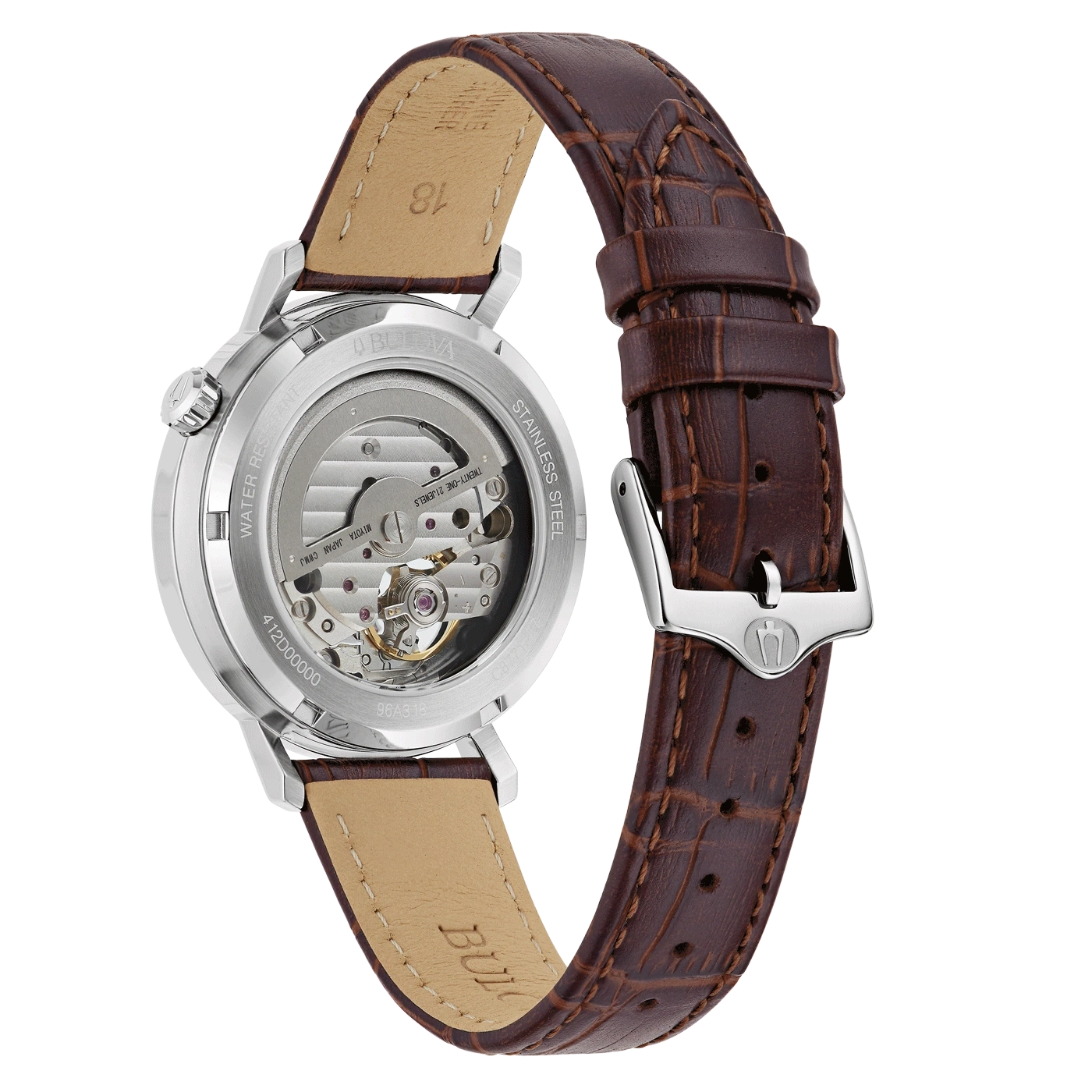 Bulova Uhr, braunes Lederarmband, Edelstahl, transparentes Zifferblatt, 21 Juwelen, MIYOTA