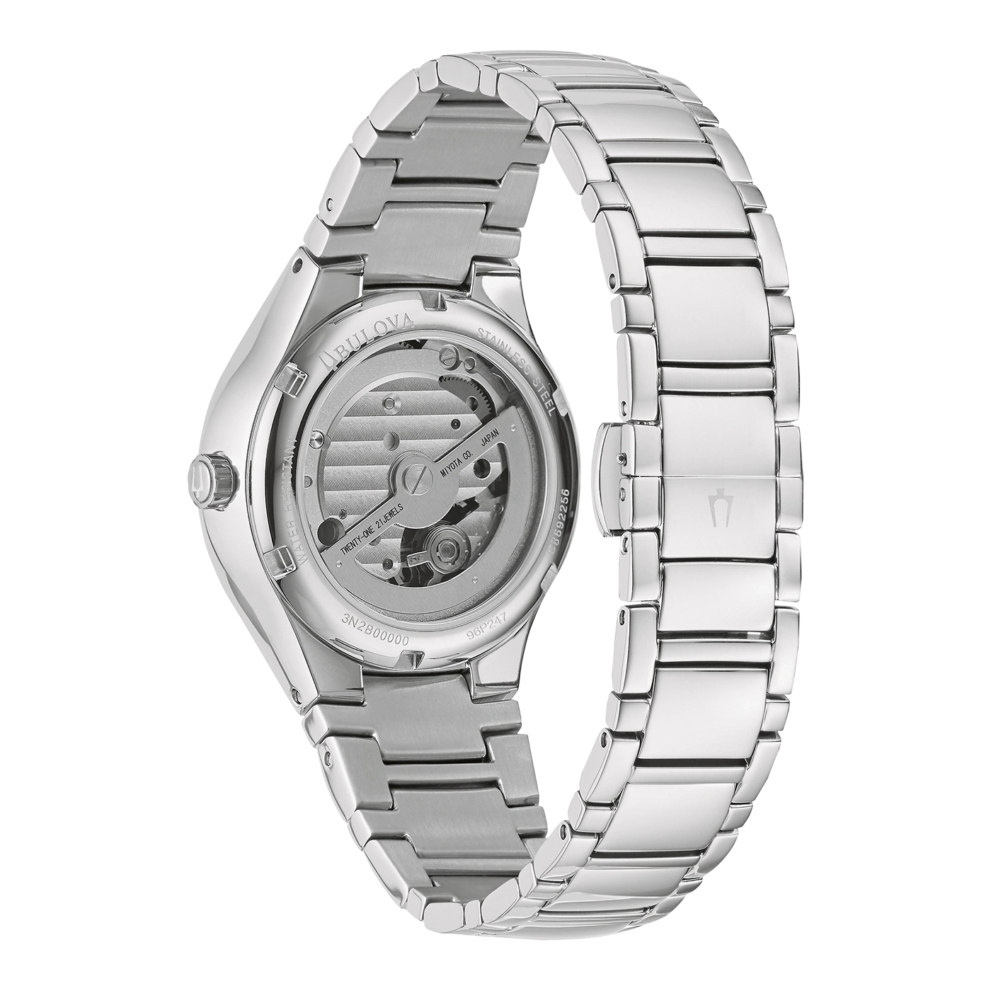 Bulova-Uhr, Edelstahl, transparentes Zifferblatt, japanisches Uhrwerk, 21 Juwelen, 96P247