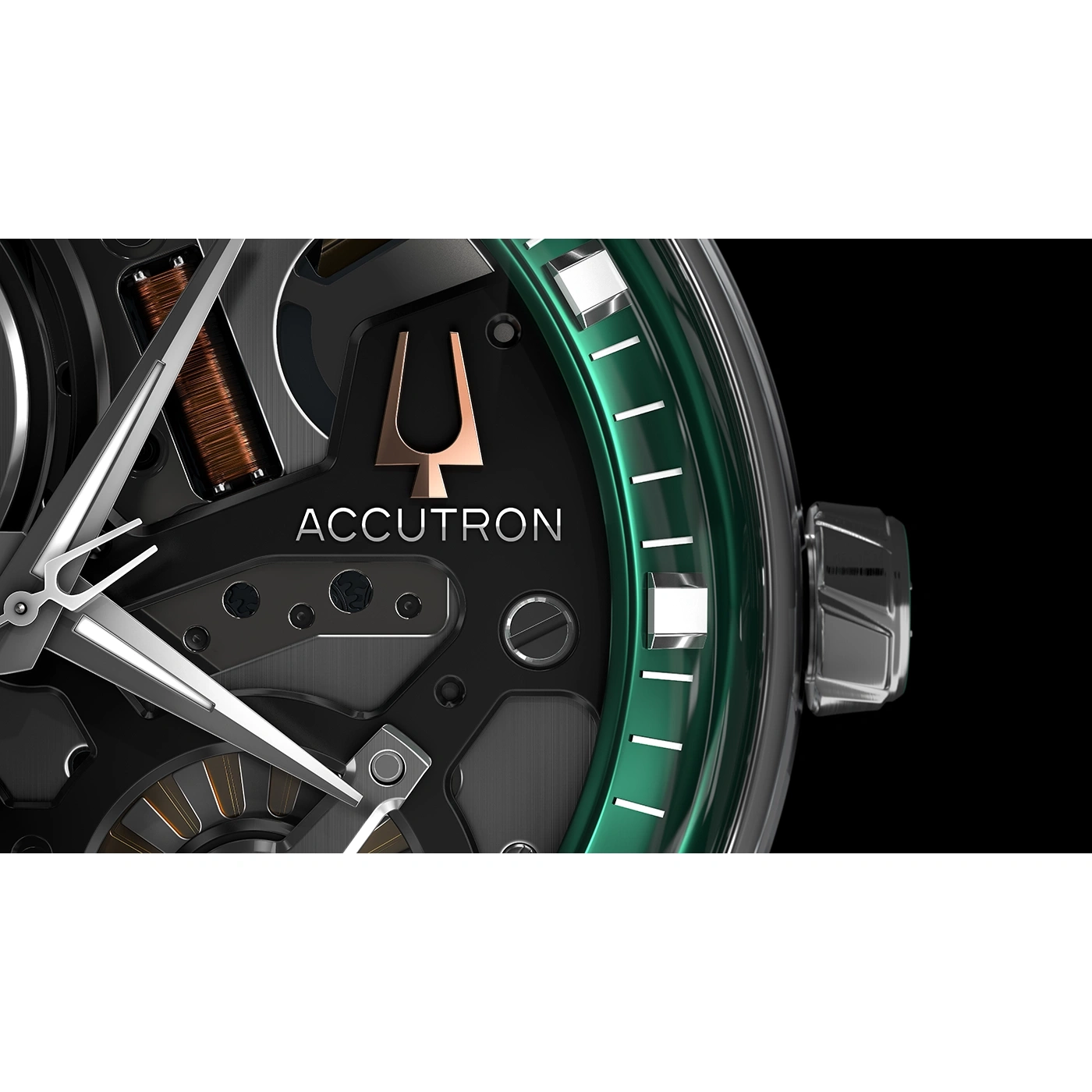 Nahaufnahme einer Accutron-Uhr mit grünem Zifferblatt und schwarzem Hintergrund.