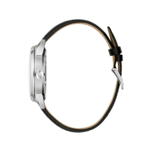 Uhr mit schwarzem Lederarmband, Seitenansicht, silbernes Gehäuse, elegantes Design.