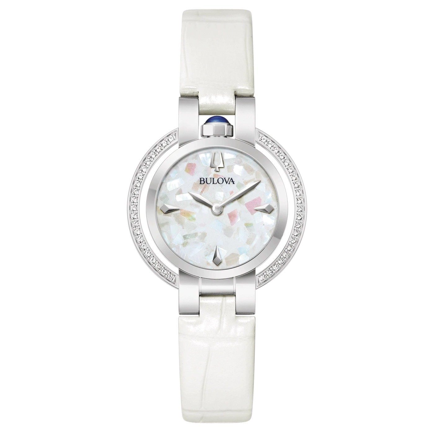 Bulova Damenuhr mit weißem Armband und Diamanten, elegant