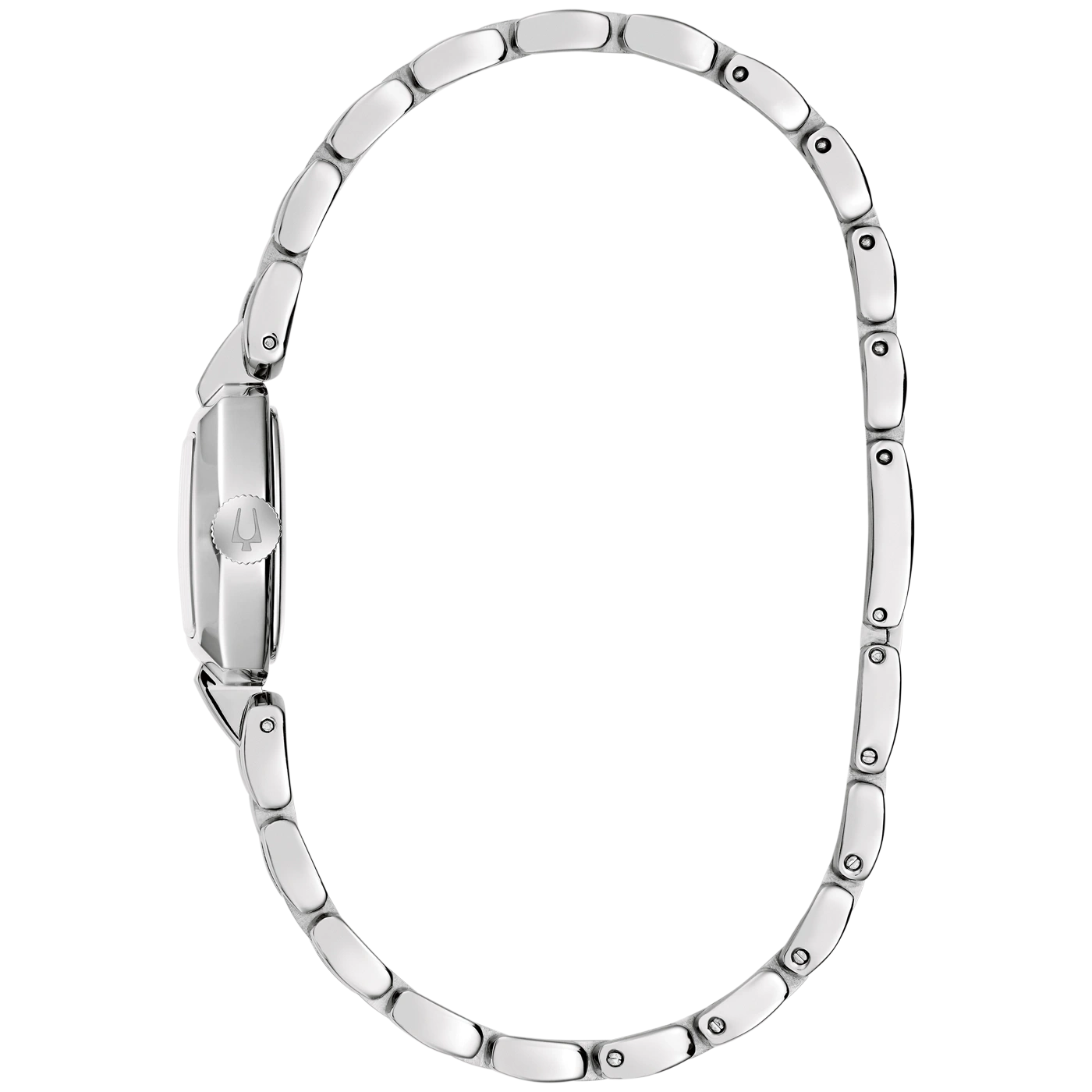 Eine silberne Armbanduhr mit einem polierten Metallarmband und dem Bulova-Logo auf der Seite.