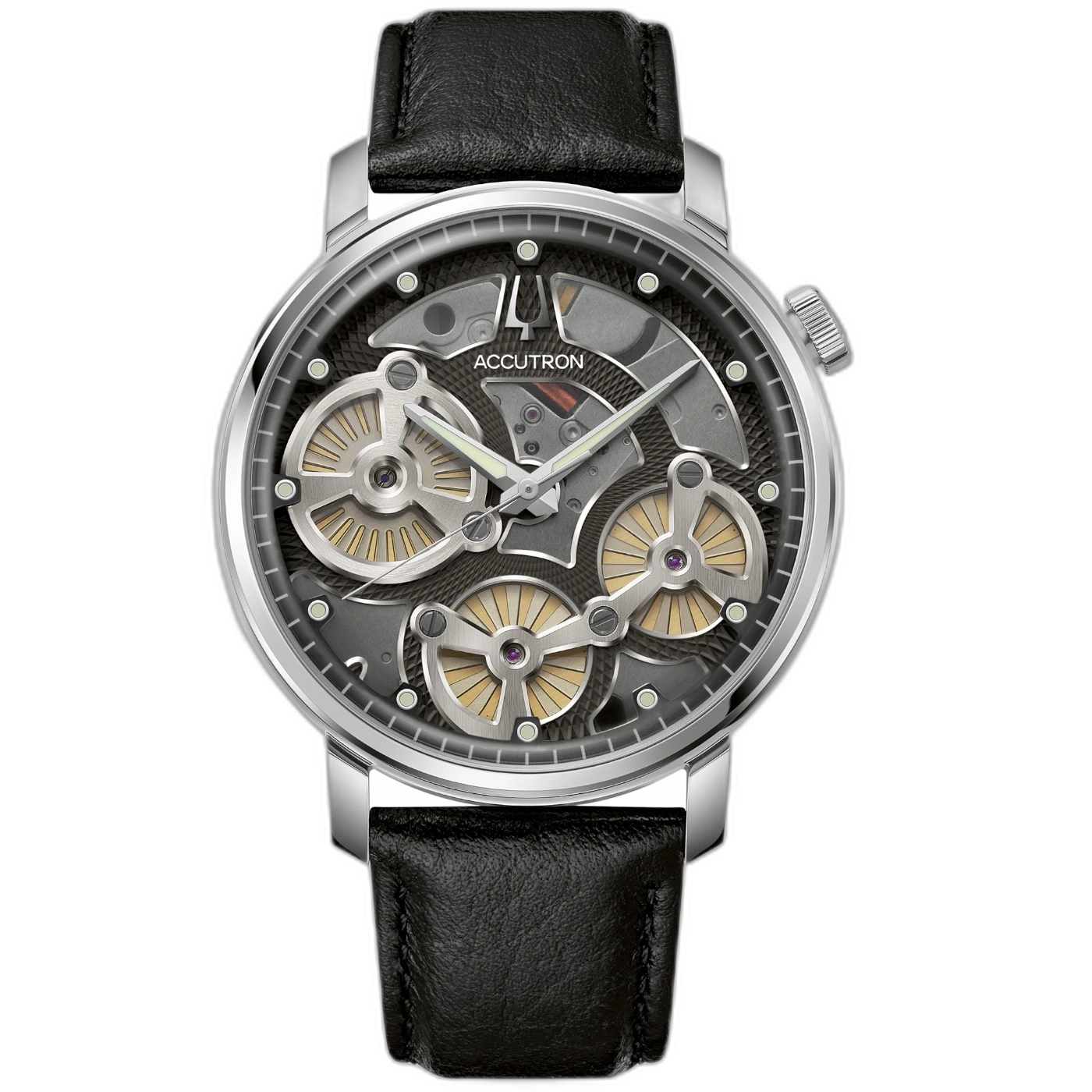 Accutron Uhr mit schwarzem Lederarmband und transparentem Zifferblatt