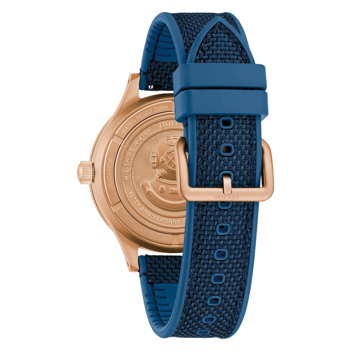 Bulova-Uhr, blaues Armband, goldfarbenes Gehäuse, 150-jähriges Jubiläum, Wasserdichtigkeit 200m.