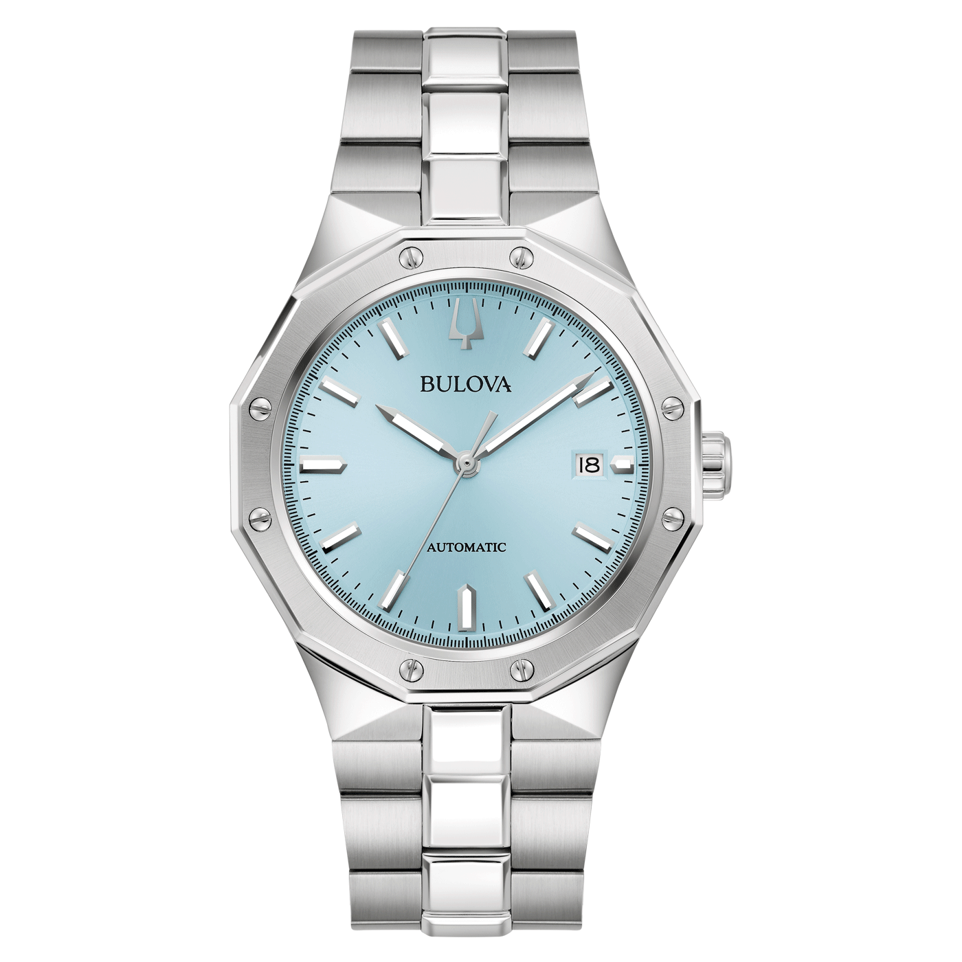 Bulova-Uhr mit hellblauem Zifferblatt und silbernem Armband, Automatik