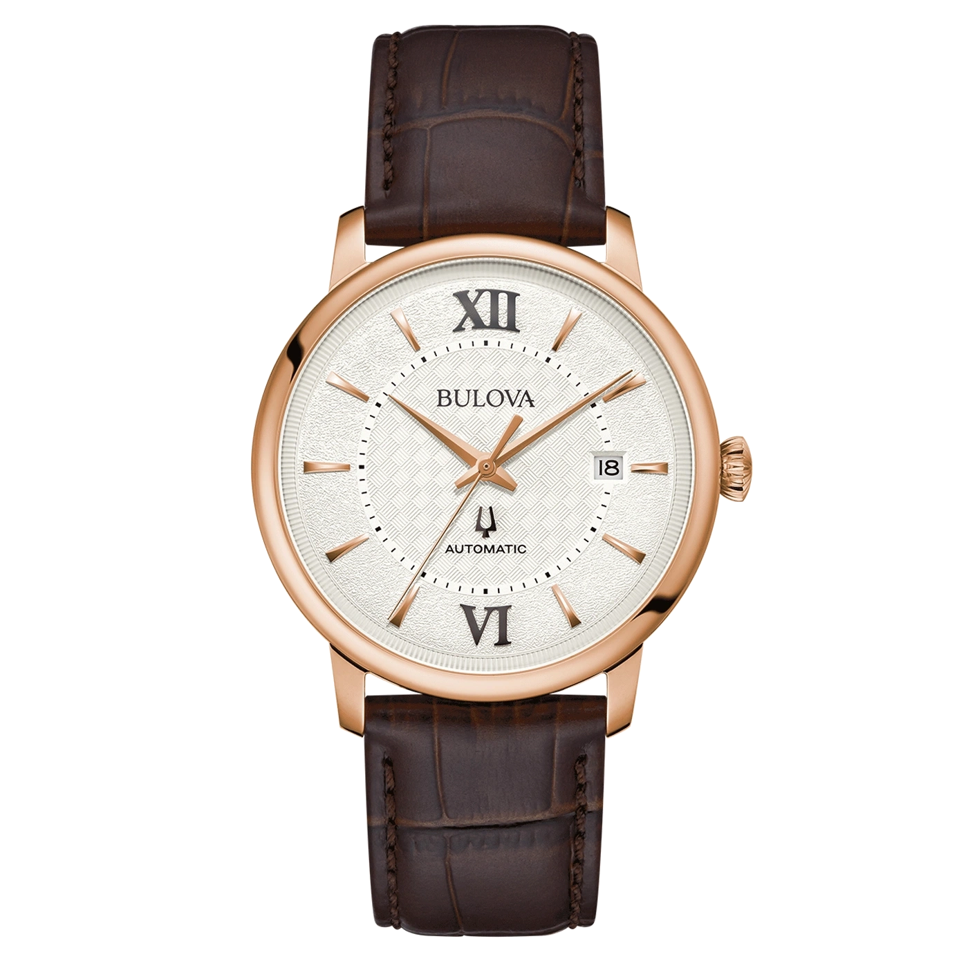 Bulova-Uhr mit braunem Lederarmband und roségoldfarbenem Gehäuse, Zifferblatt mit römischen Ziffern