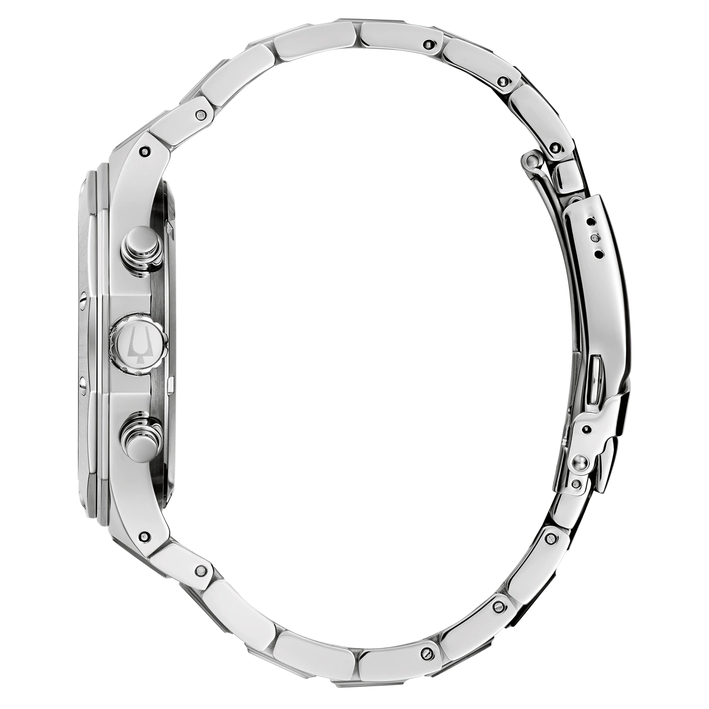 Silberne Uhr mit Armband, Seitenansicht, glänzend, elegant, modern, Accessoire, Zeitmesser, Chronograph