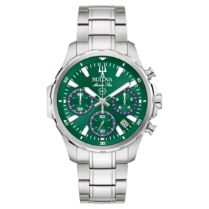 Bulova Marine Star Uhr, grün, silbernes Armband, Chronograph, 100m wasserdicht, Datumsanzeige.