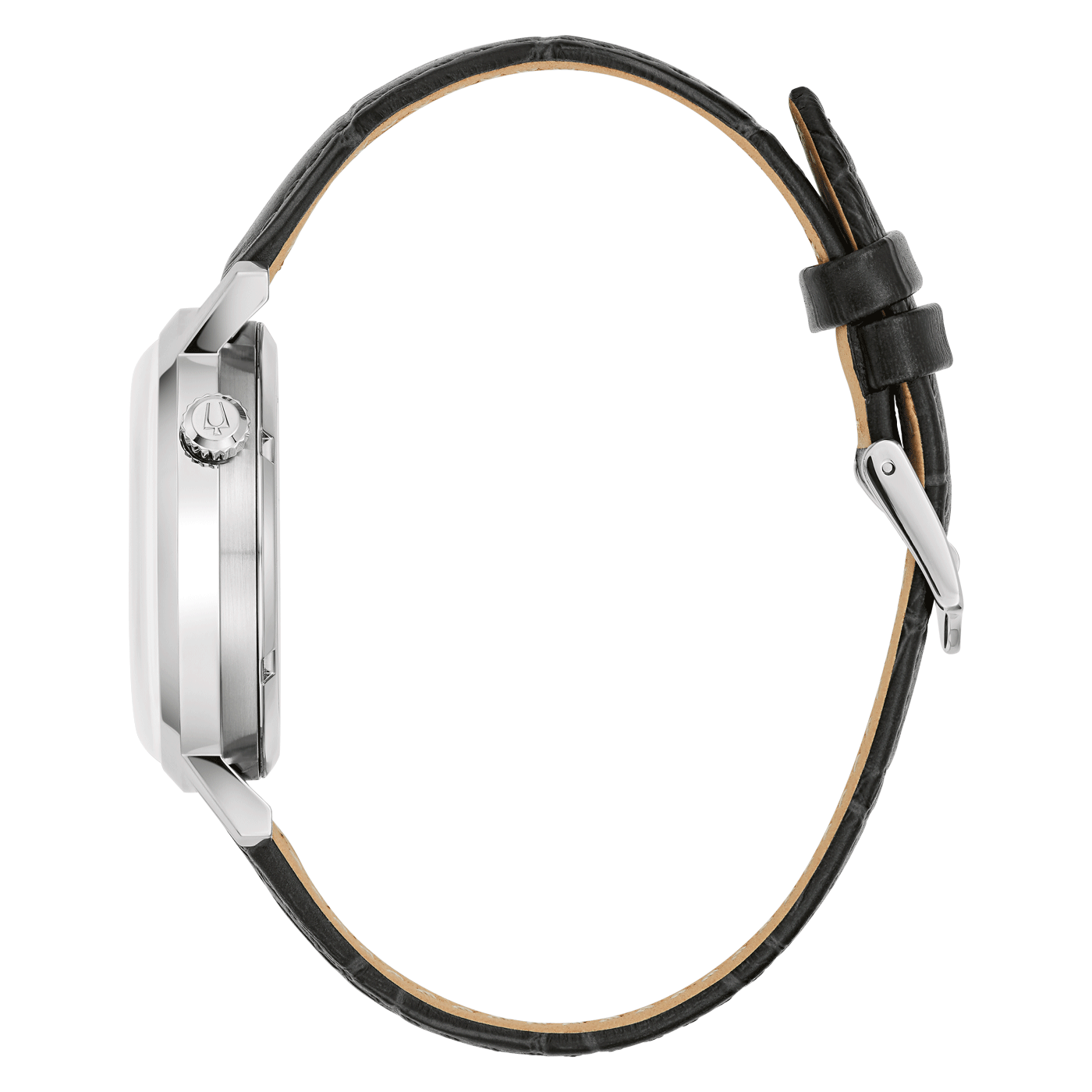 Uhr mit schwarzem Lederarmband, Seitenansicht, silbernes Gehäuse, elegantes Design