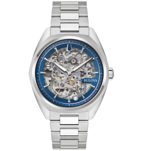 Bulova Herrenuhr, blaues Zifferblatt, Skelett, Automatik, Edelstahlarmband