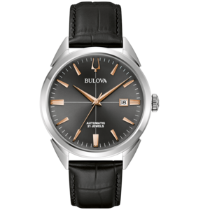 Bulova-Uhr mit schwarzem Zifferblatt und Lederarmband, Datum 18