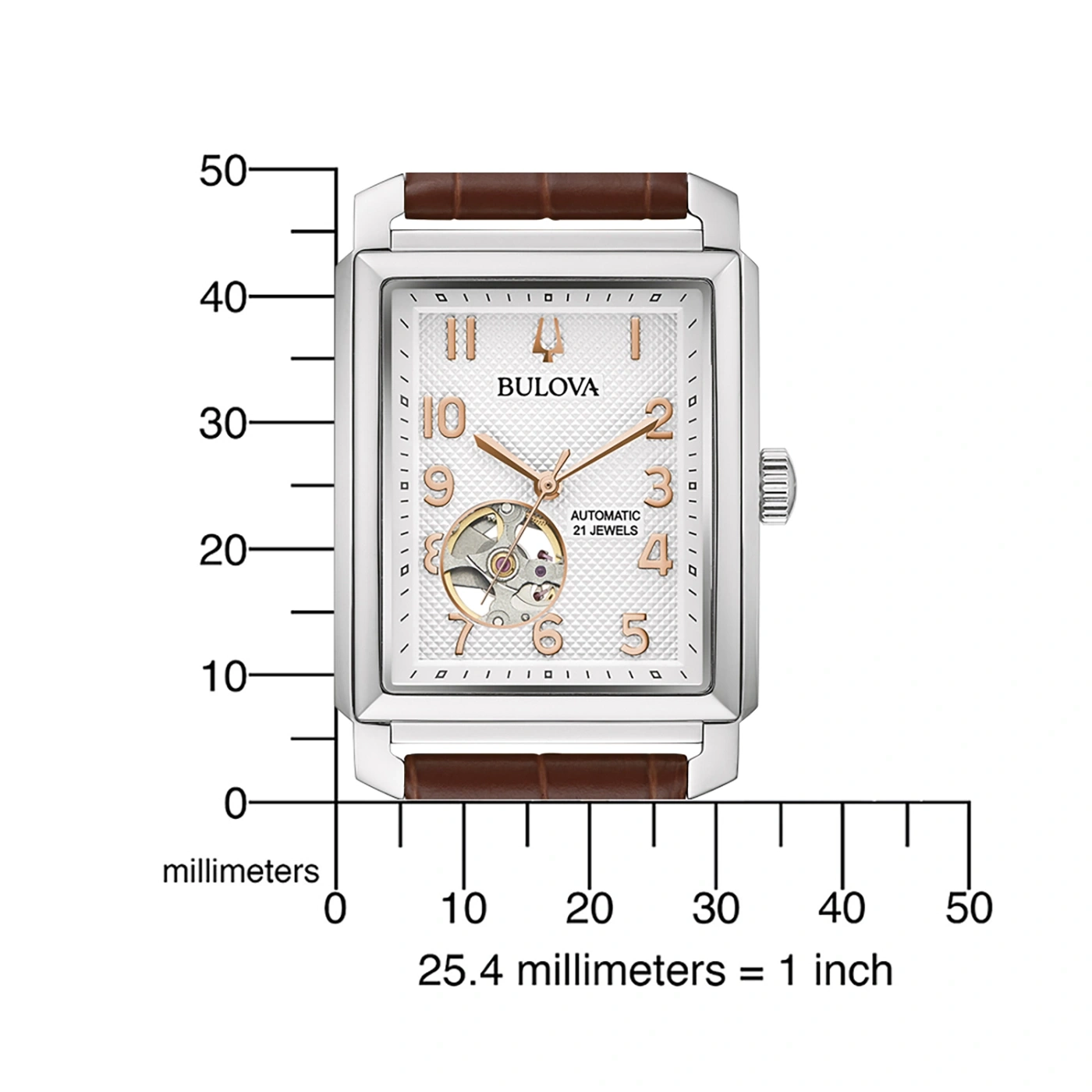 Bulova-Uhr mit braunem Lederarmband und Millimeter-Skala