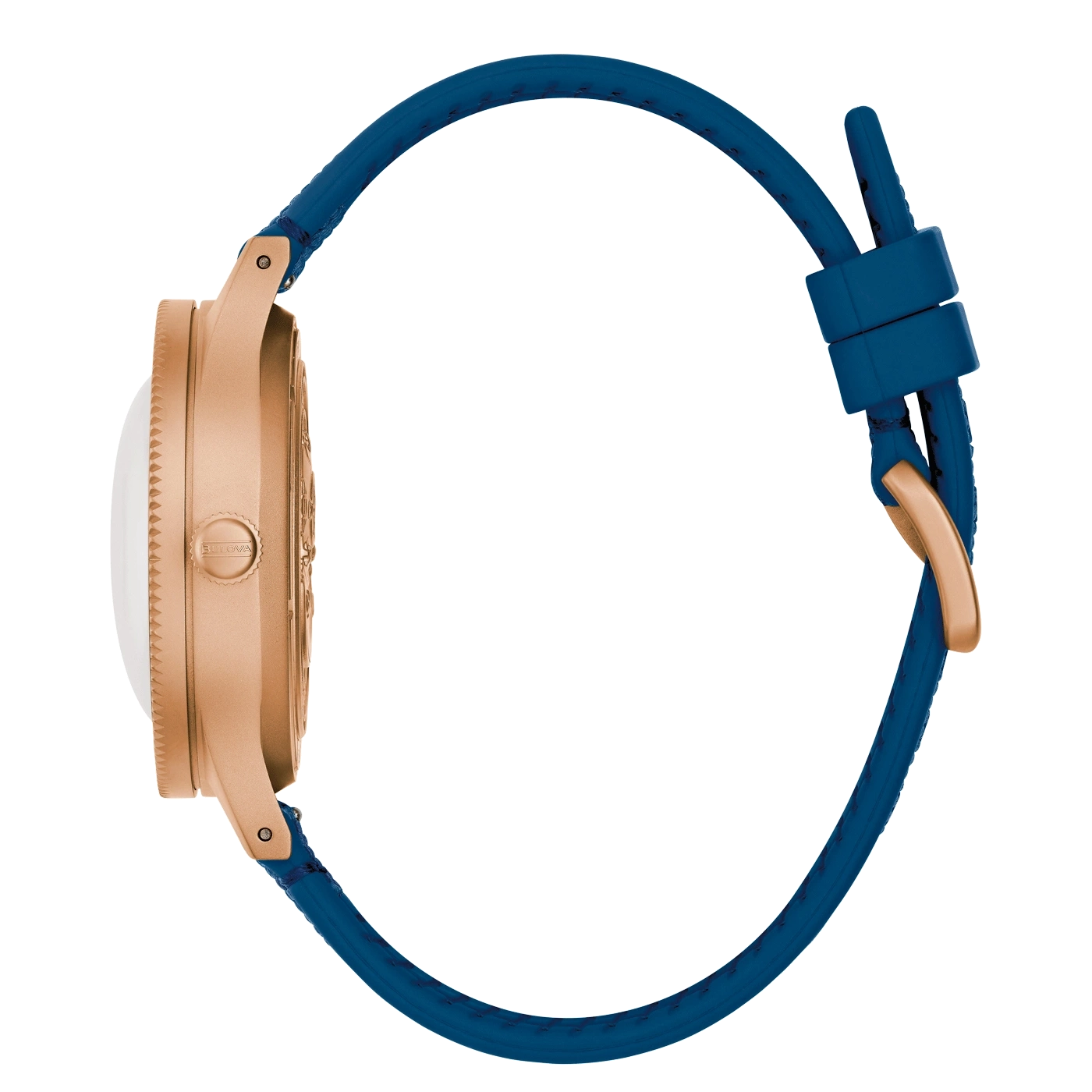 Uhr mit blauem Armband und roségoldfarbenem Gehäuse, Nahaufnahme