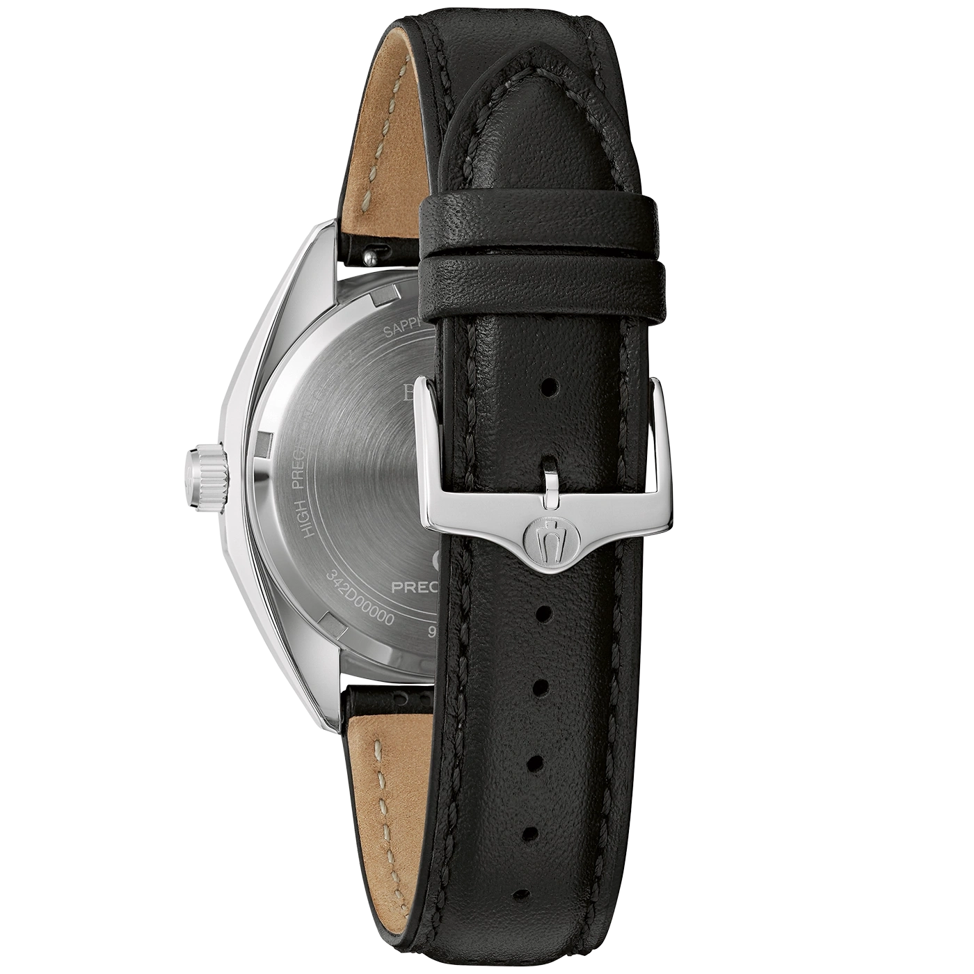 Schwarze Uhr mit Lederarmband und silberner Schnalle, Nahaufnahme