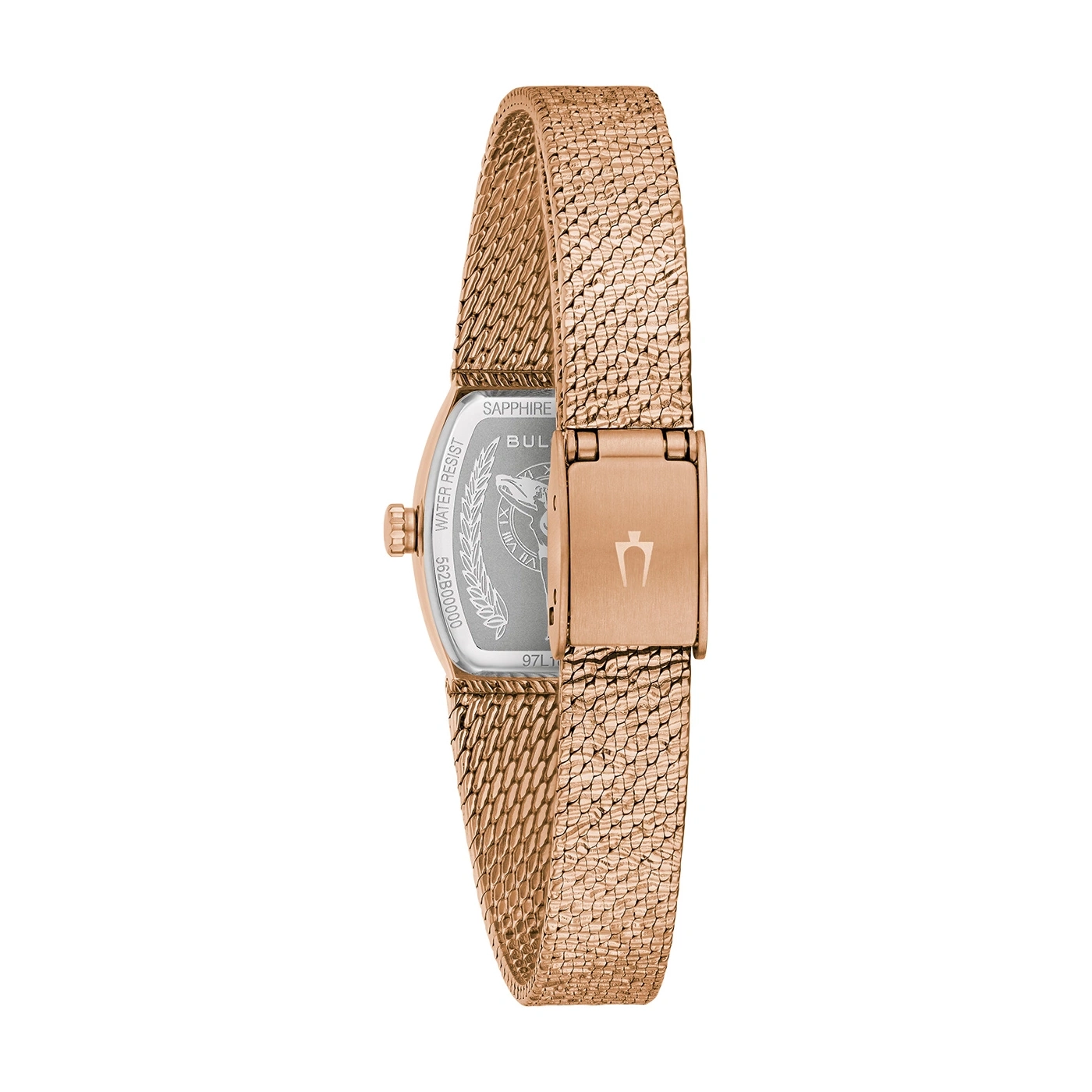 Rosegoldene Damenuhr mit Mesh-Armband, Detailaufnahme, Nahaufnahme, weißer Hintergrund