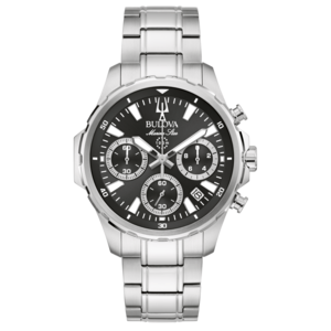 Bulova Marine Star Uhr, silbernes Armband, schwarzes Zifferblatt, Chronograph, 100m wasserdicht.
