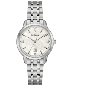 Bulova Damenuhr, silbernes Armband, Perlmutt-Zifferblatt, Diamanten, Datum