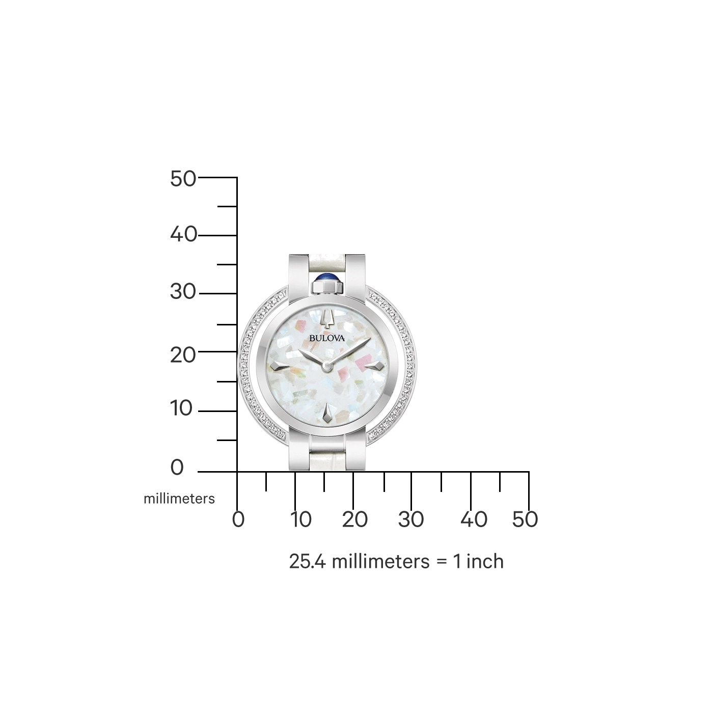 Uhr mit Diamanten, Perlmutt-Zifferblatt, Bulova-Logo, Millimeter-Skala, 25,4 mm = 1 Zoll.