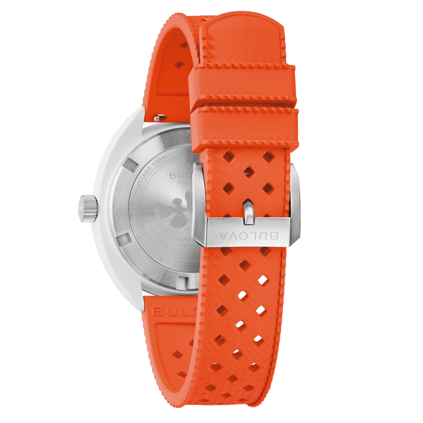 Bulova-Uhr mit orangefarbenem Armband, Detailaufnahme, Nahaufnahme, weißes Zifferblatt