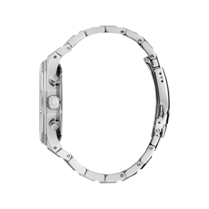 Silberne Uhr mit Armband, Seitenansicht, Detailaufnahme, elegant, modern