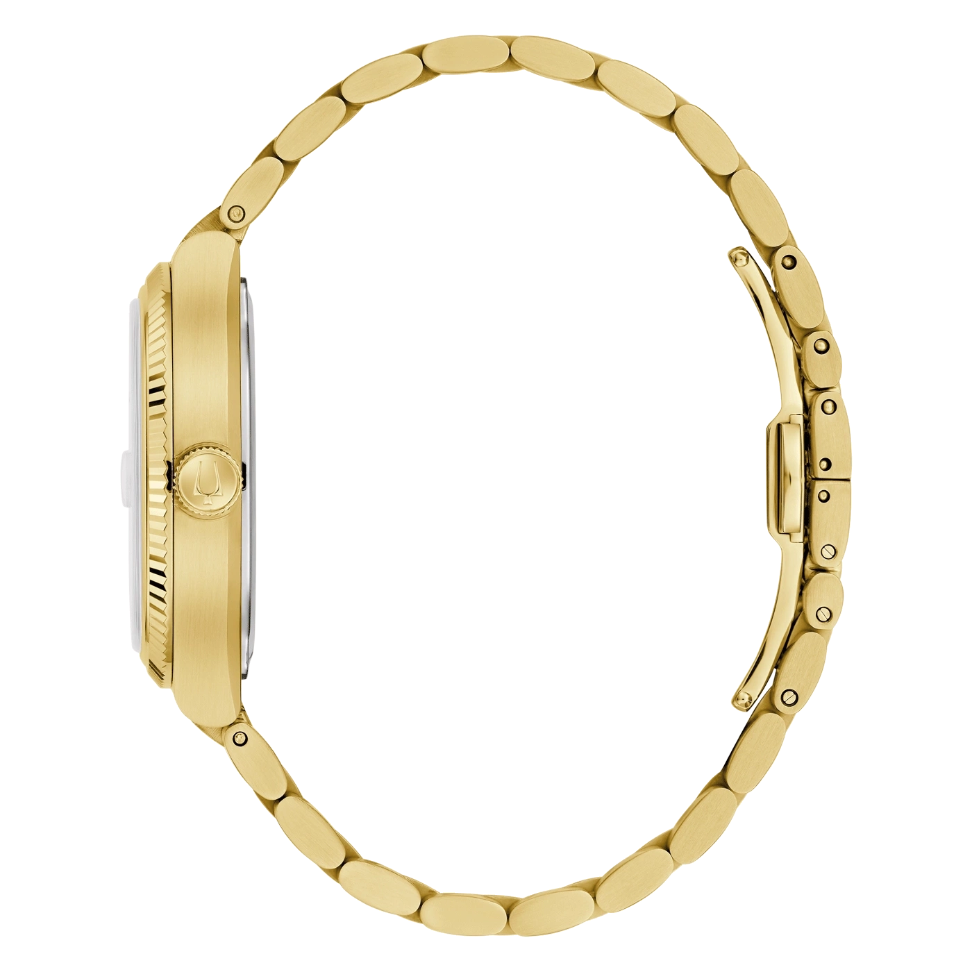 Goldene Uhr mit goldenem Armband, Seitenansicht, Detailaufnahme, elegant
