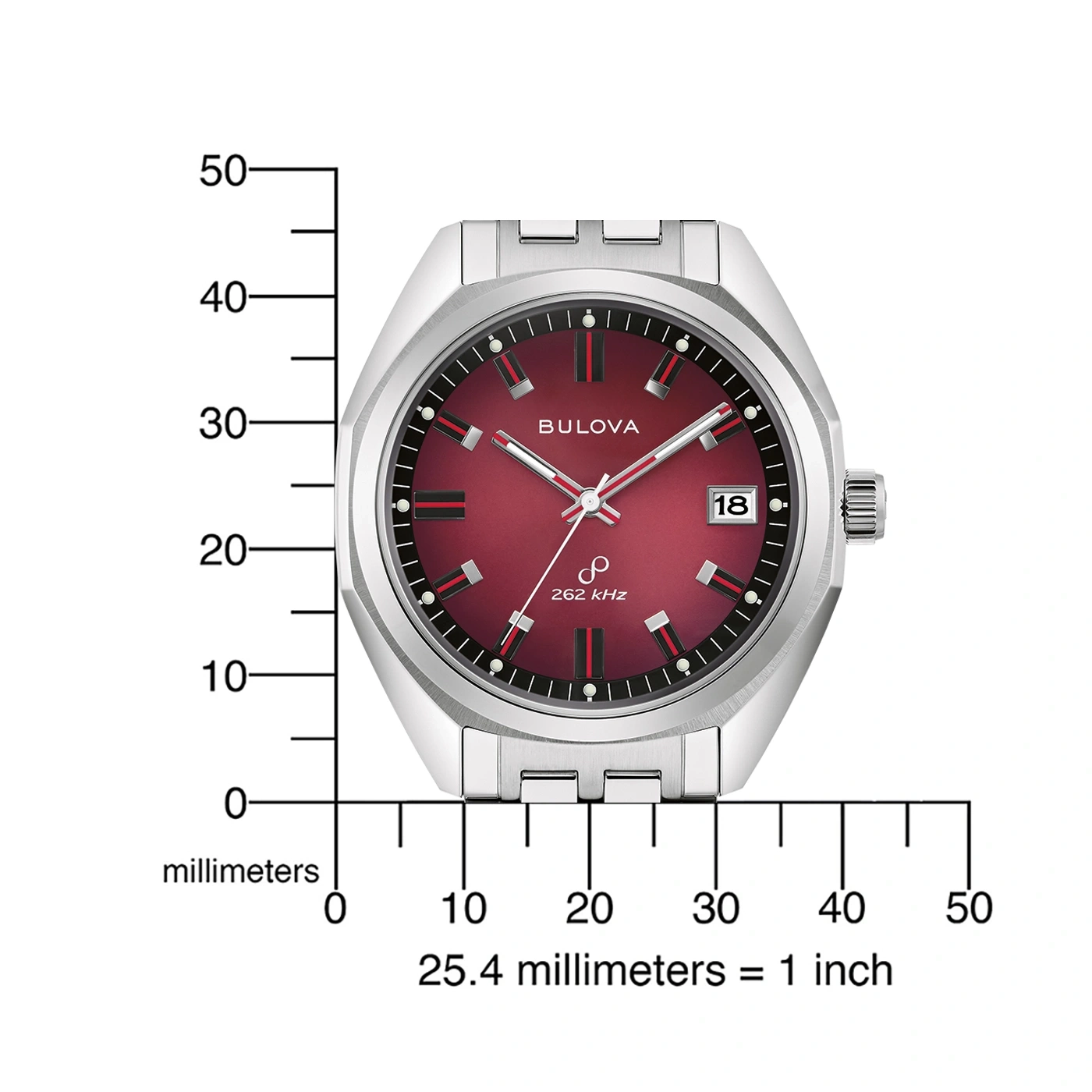 Bulova-Uhr mit rotem Zifferblatt und Datumsanzeige, Millimeter-Skala.