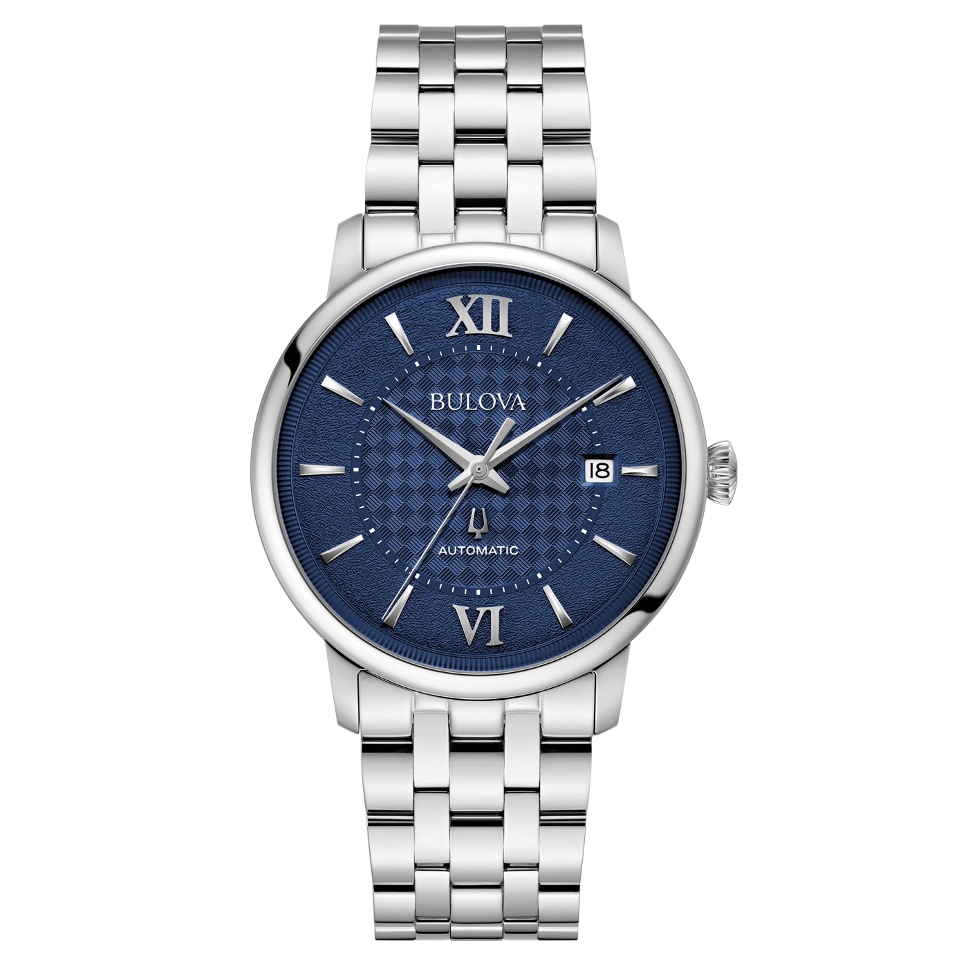 Bulova-Uhr mit blauem Zifferblatt und silbernem Armband, Automatik