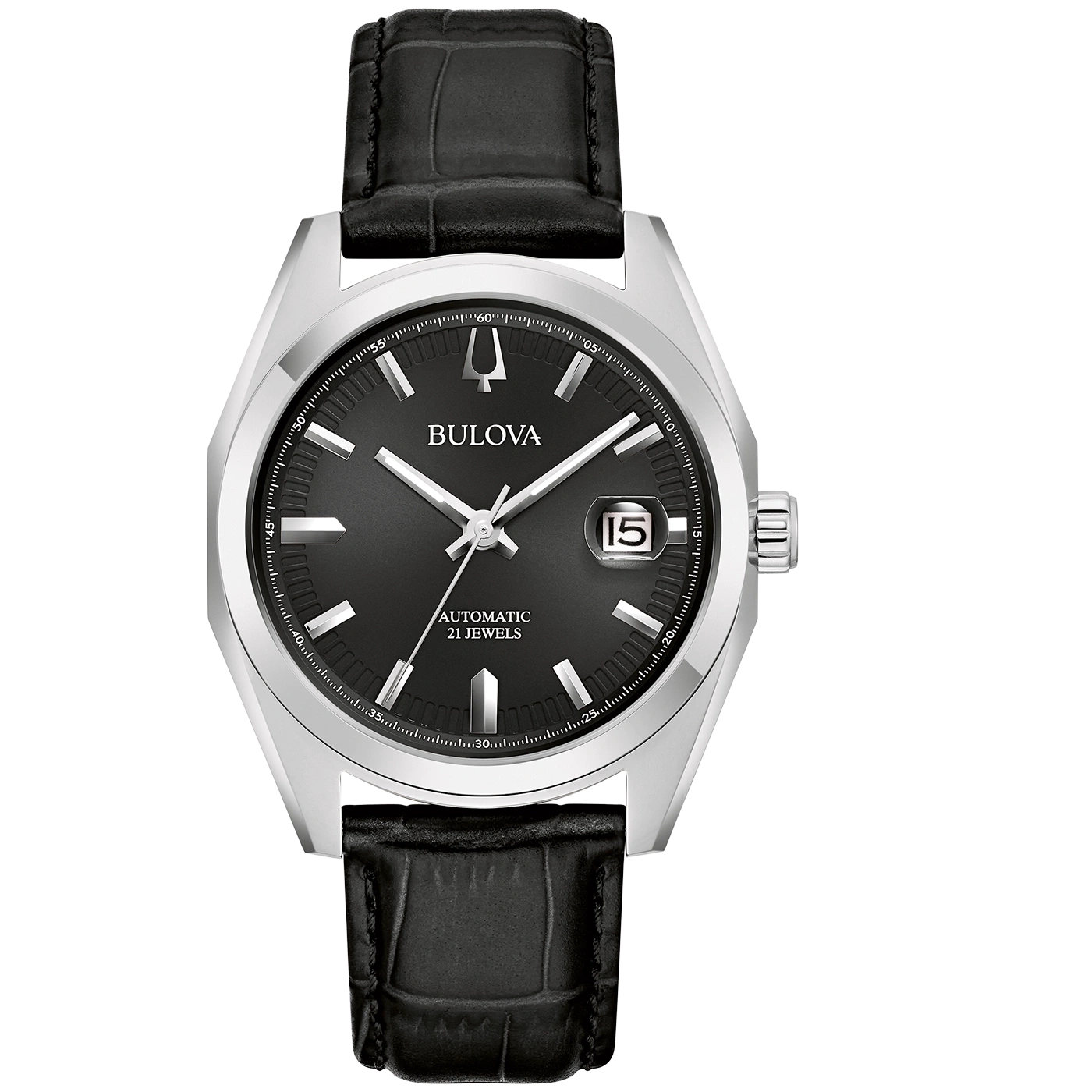 Bulova Uhr, schwarzes Zifferblatt, Lederarmband, Datum, Automatik, 21 Jewels.