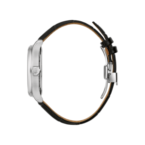 Uhr mit Lederarmband, silbernem Gehäuse und schwarzem Hintergrund, Seitenansicht