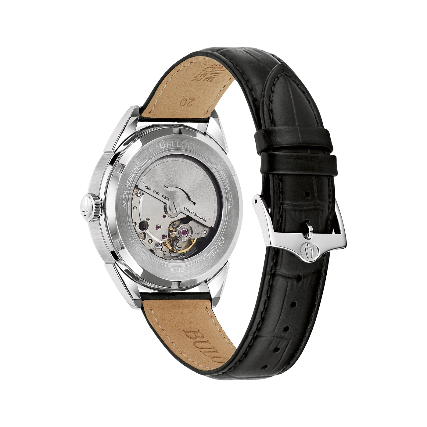 Bulova-Uhr, Edelstahl, Lederarmband, wasserdicht, japanisches Uhrwerk, 21 Juwelen.