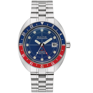 Bulova Oceanographer Uhr, blaues Zifferblatt, GMT, Automatik, 666 Fuß, Edelstahlarmband.