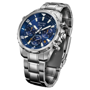 Bulova Marine Star Uhr mit blauem Zifferblatt und silbernem Armband